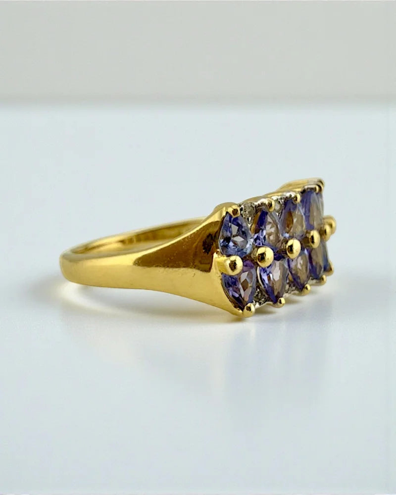 Vintage 90s 14K Gold Tanzanite Ring Pear-Cut Cluster with Diamonds - 14K Solid Gold - Free shipping - 3