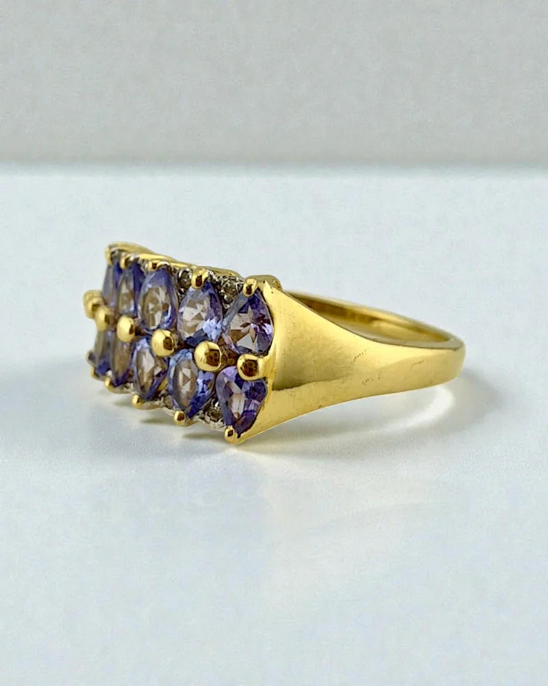 Vintage 90s 14K Gold Tanzanite Ring Pear-Cut Cluster with Diamonds - 14K Solid Gold - Free shipping - 5
