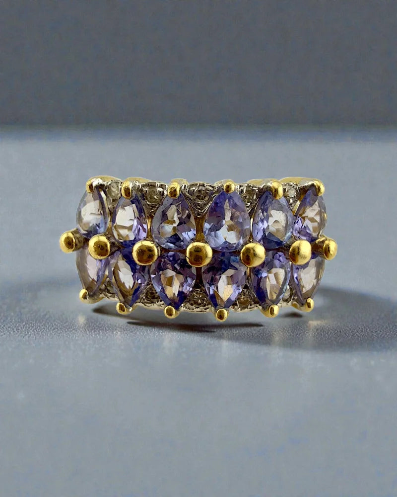 Vintage 90s 14K Gold Tanzanite Ring Pear-Cut Cluster with Diamonds - 14K Solid Gold - Free shipping - 1