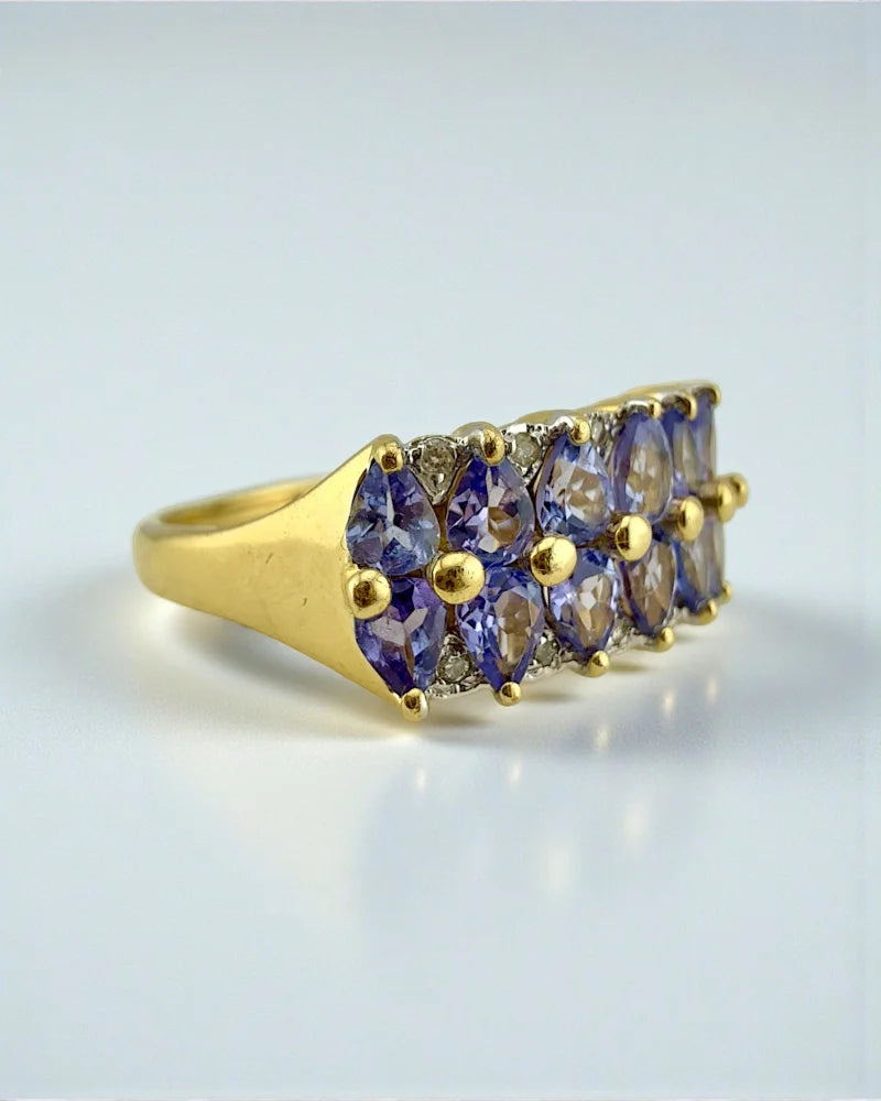 Vintage 90s 14K Gold Tanzanite Ring Pear-Cut Cluster with Diamonds - 14K Solid Gold - Free shipping - 4