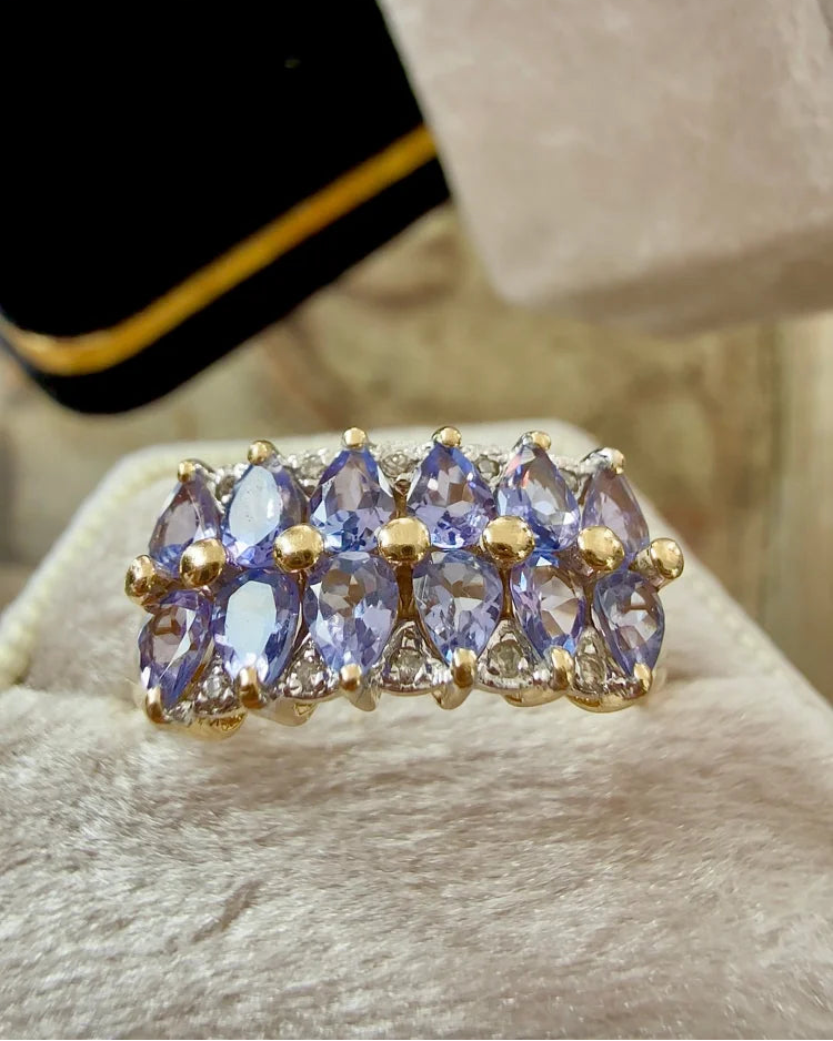 Vintage 90s 14K Gold Tanzanite Ring Pear-Cut Cluster with Diamonds - 14K Solid Gold - Free shipping - 7