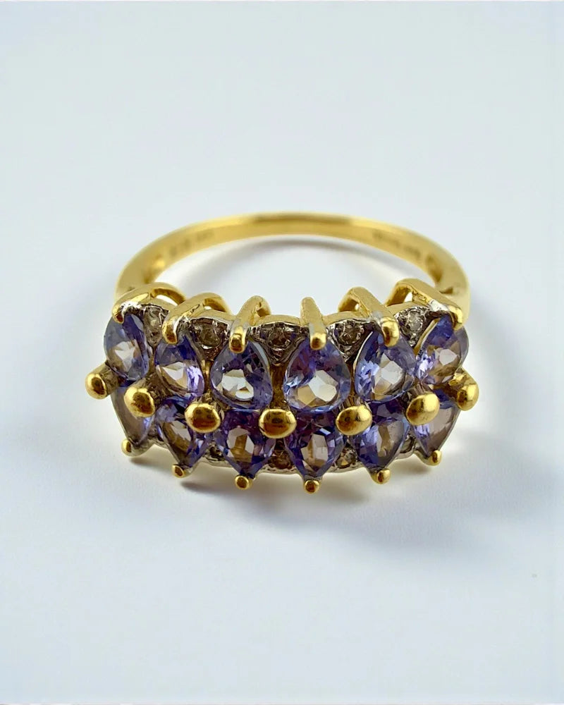 Vintage 90s 14K Gold Tanzanite Ring Pear-Cut Cluster with Diamonds - 14K Solid Gold - Free shipping - 2