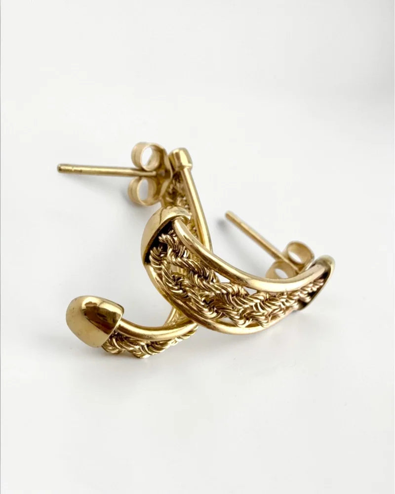 Vintage Aurafin 10K Yellow Gold Double Rope J Hoop Earrings - Free shipping - 12