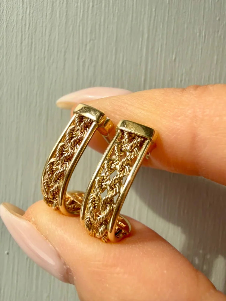 Vintage Aurafin 10K Yellow Gold Double Rope J Hoop Earrings - Free shipping - 2