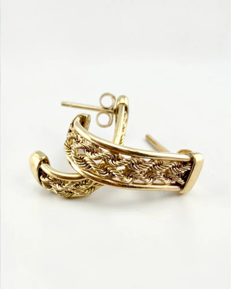 Vintage Aurafin 10K Yellow Gold Double Rope J Hoop Earrings - Free shipping - 11