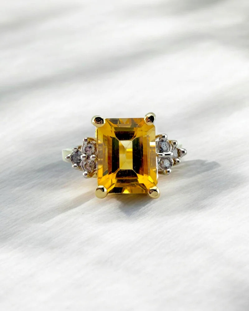 Vintage Emerald Cut Natural Citrine and Diamond Gold Ring - 10K Gold - Free shipping - 2