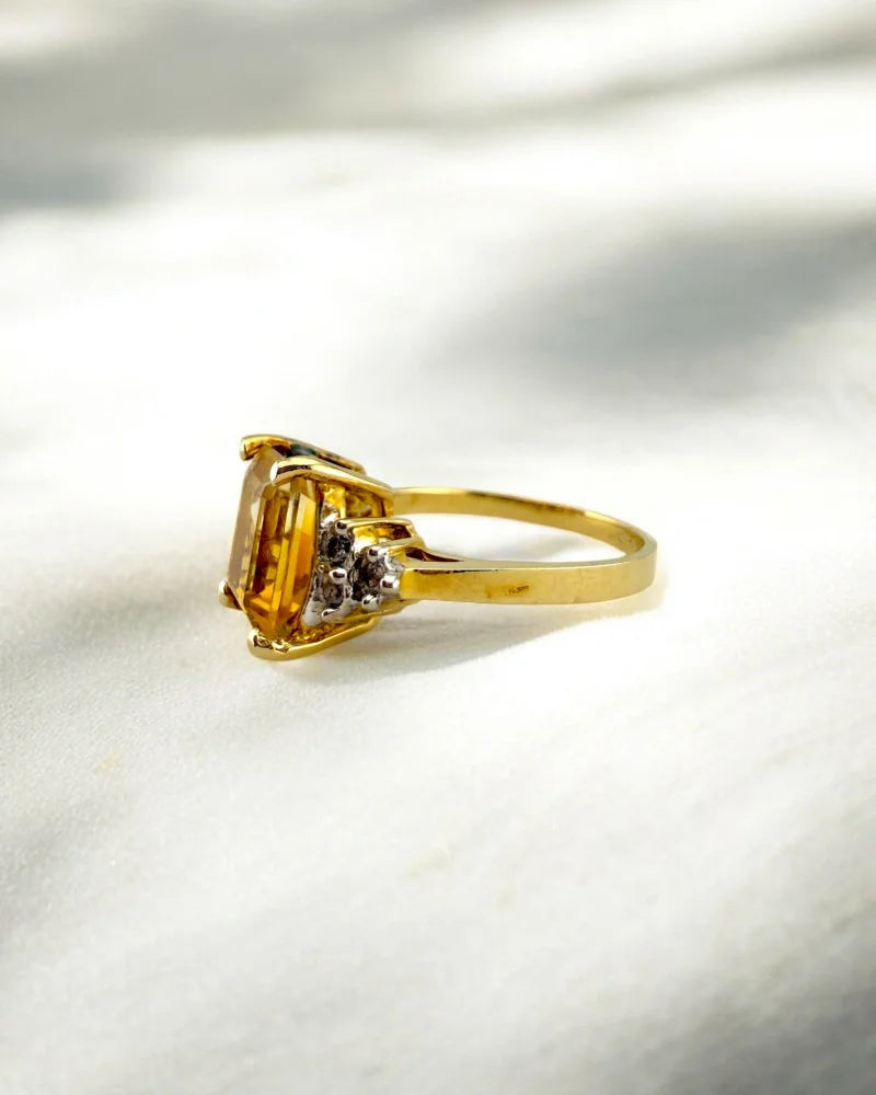 Vintage Emerald Cut Natural Citrine and Diamond Gold Ring - 10K Gold - Free shipping - 5