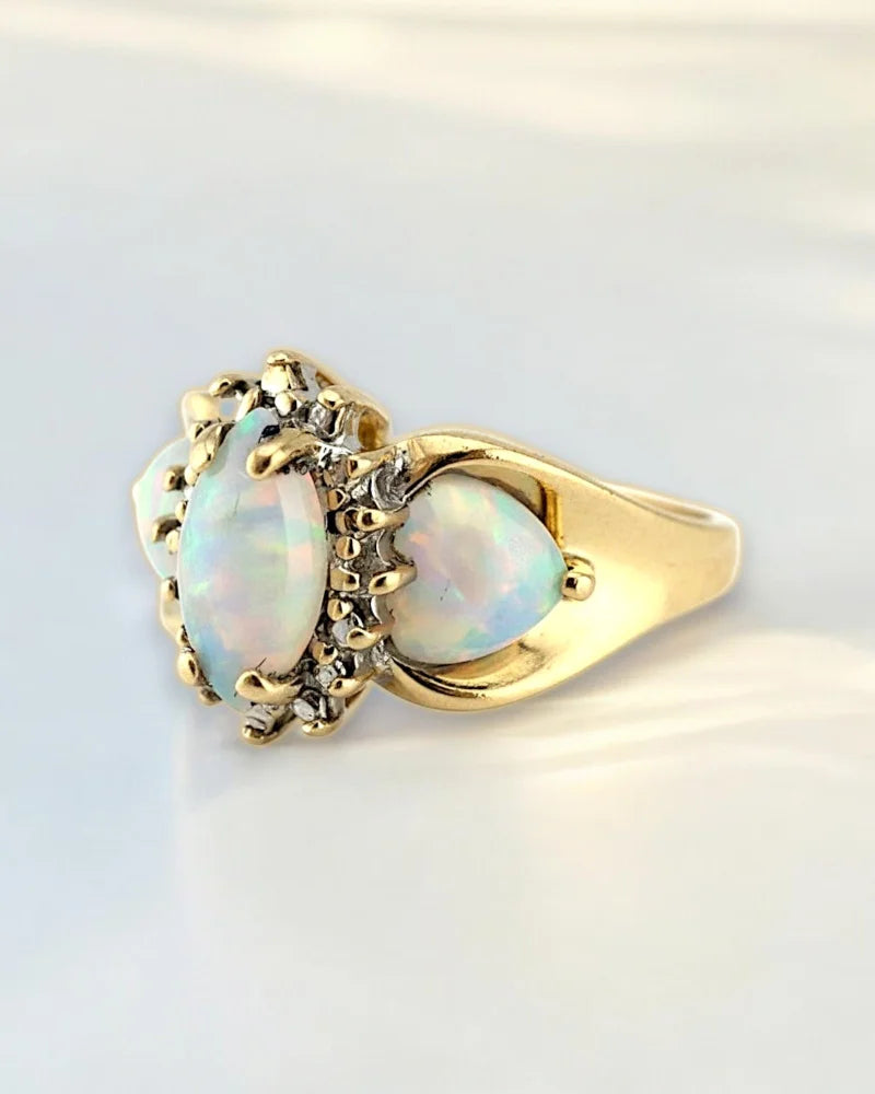 Vintage Fiery Opal & Diamond 14K Gold Ring - 14K Solid Gold - Free shipping - 4