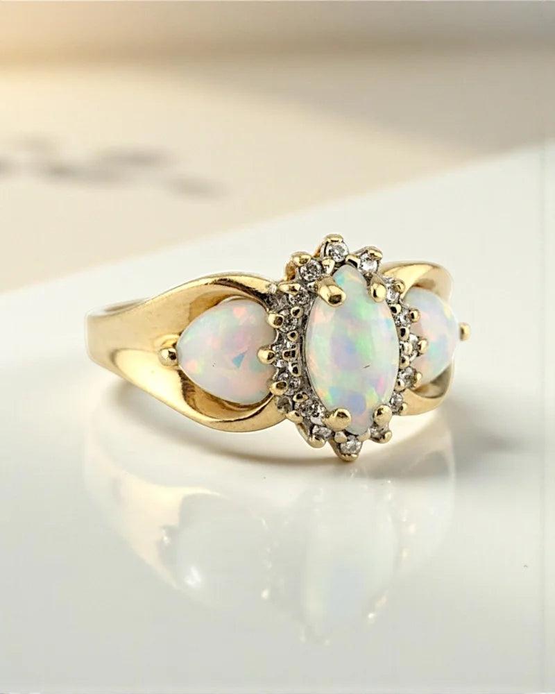 Vintage Fiery Opal & Diamond 14K Gold Ring - 14K Solid Gold - Free shipping - 3