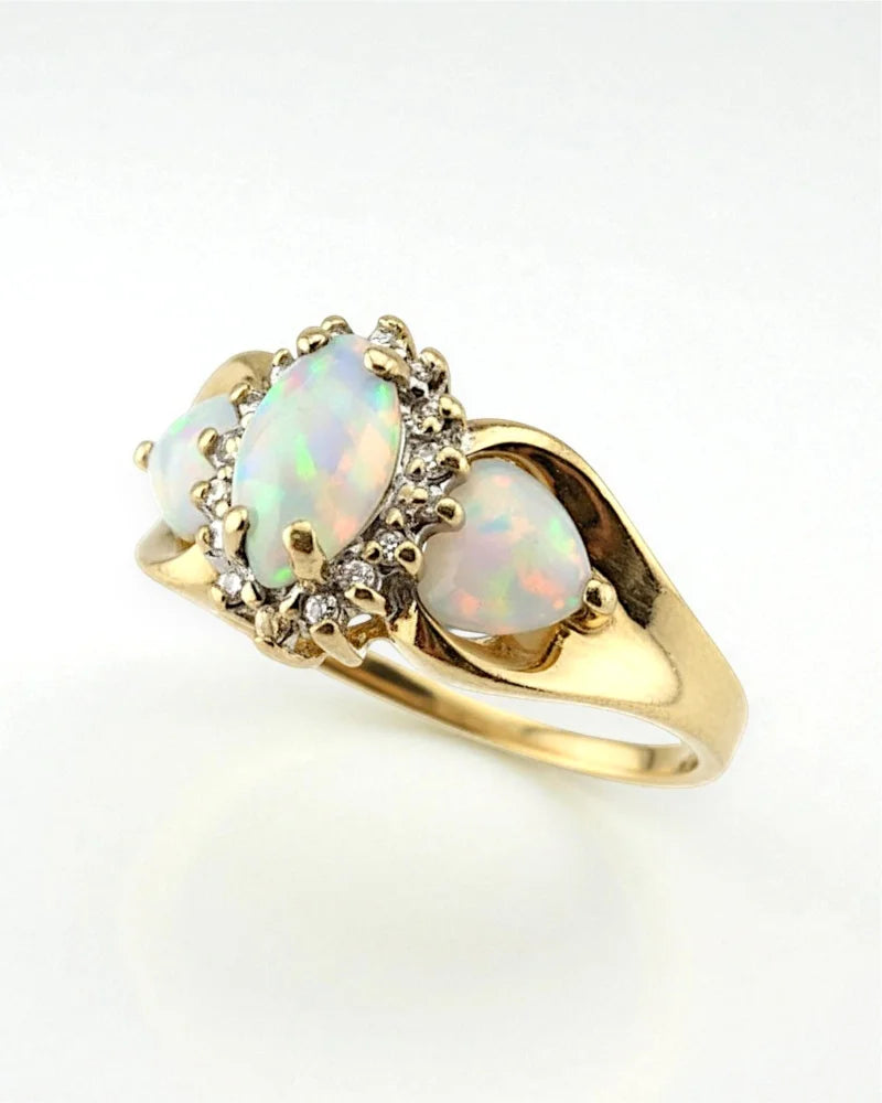 Vintage Fiery Opal & Diamond 14K Gold Ring - 14K Solid Gold - Free shipping - 2