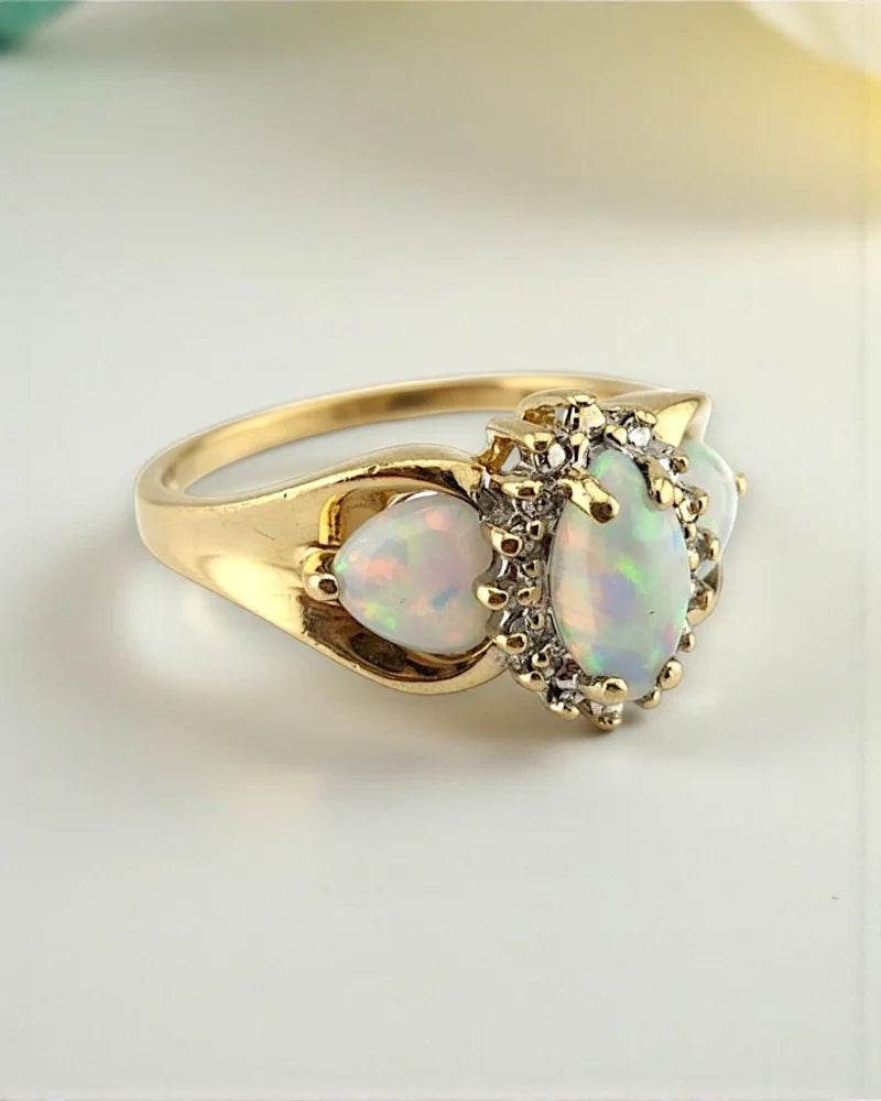 Vintage Fiery Opal & Diamond 14K Gold Ring - 14K Solid Gold - Free shipping - 5