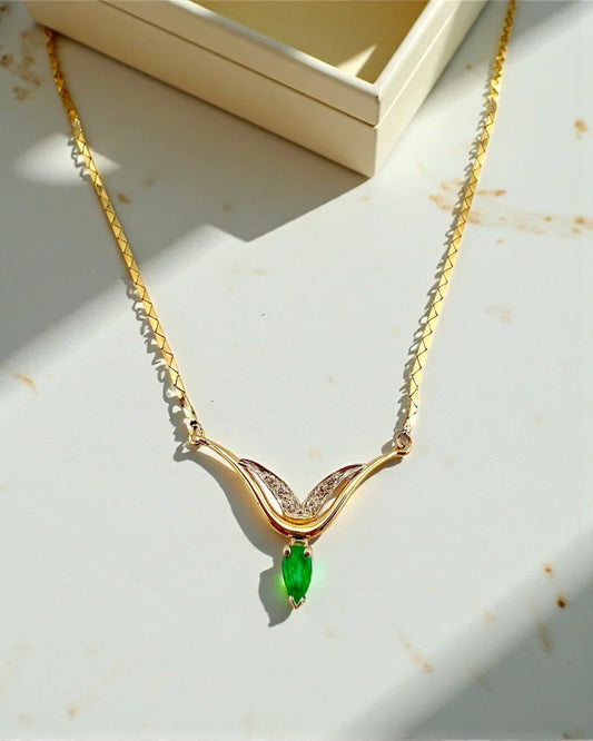 Vintage Italian 14K Bicolor Gold Emerald & Diamond Necklace - 14K Solid Gold - Free shipping - 1