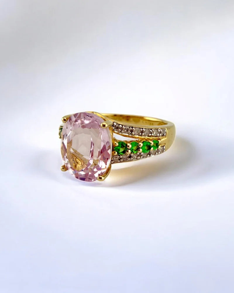 Vintage Kunzite Tsavorite Garnet and Diamond Ring - 10K Gold - Free shipping - 6