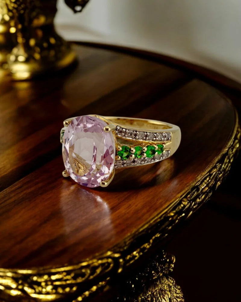 Vintage Kunzite Tsavorite Garnet and Diamond Ring - 10K Gold - Free shipping - 1
