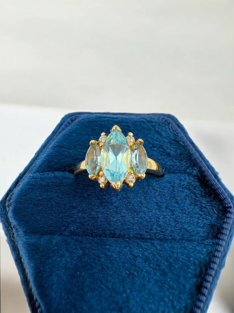 Vintage Marquise Blue Topaz Three Stone Ring - 6.5 - 14K Solid Gold - Free shipping - 5