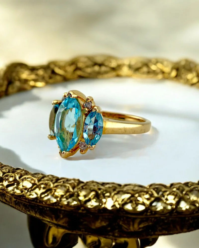 Vintage Marquise Blue Topaz Three Stone Ring - 6.5 - 14K Solid Gold - Free shipping - 3