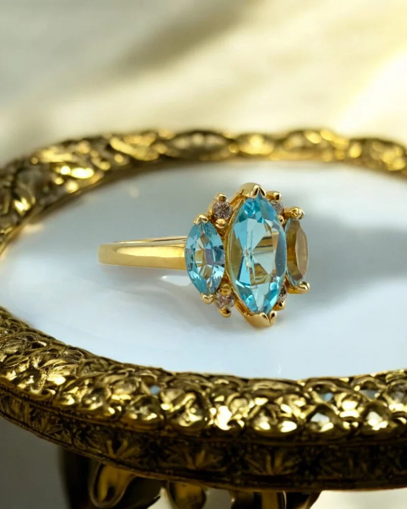 Vintage Marquise Blue Topaz Three Stone Ring - 6.5 - 14K Solid Gold - Free shipping - 2