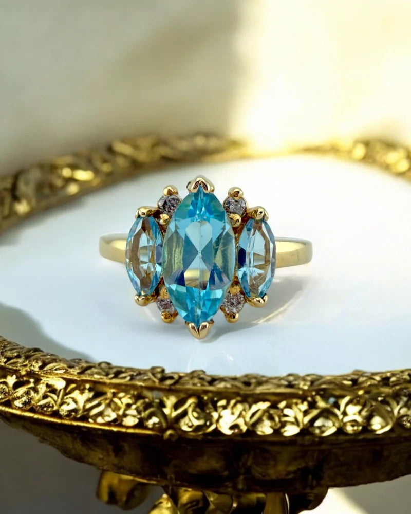Vintage Marquise Blue Topaz Three Stone Ring - 6.5 - 14K Solid Gold - Free shipping - 1