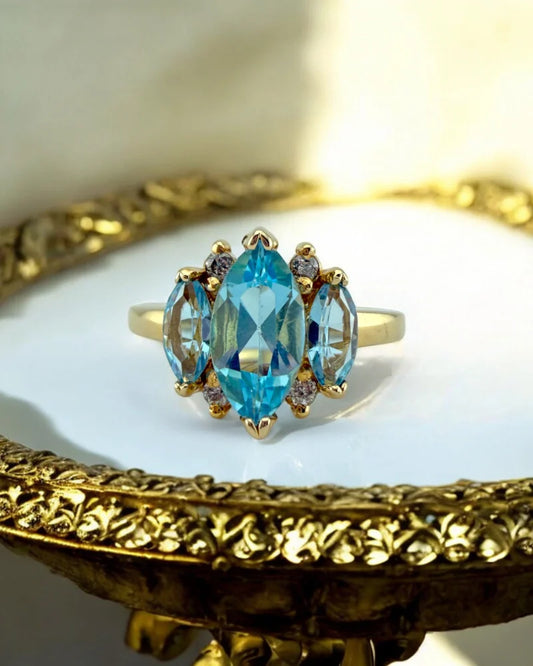 Vintage Marquise Blue Topaz Three Stone Ring - 6.5 - 14K Solid Gold - Free shipping - 1