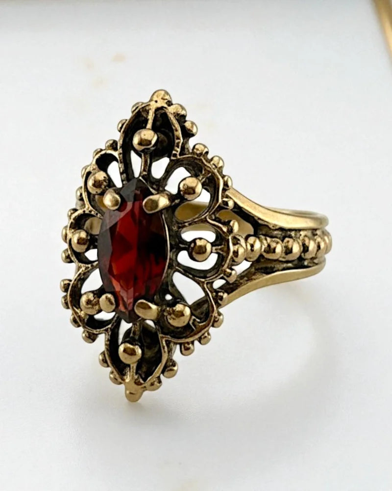Vintage Marquise Pyrope Garnet Filigree 10K Gold Ring - 10K Gold - Free shipping - 4
