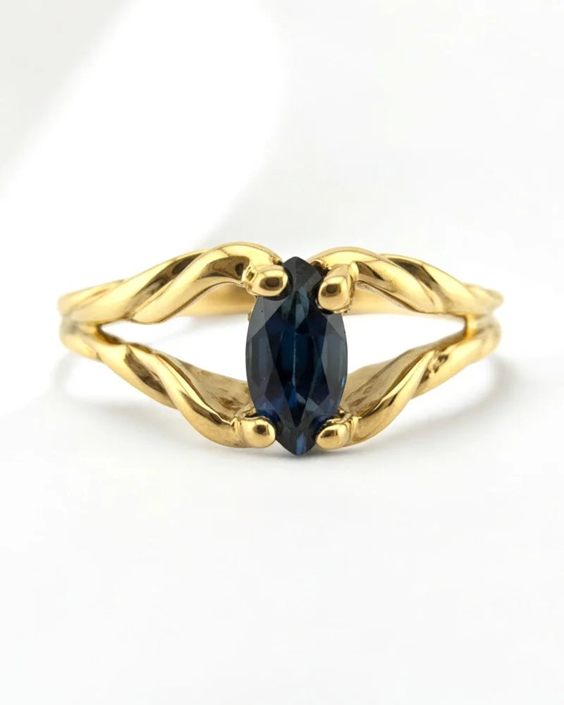 Vintage Marquise Sapphire 1980s Ring - 14K Solid Gold - Free shipping - 1