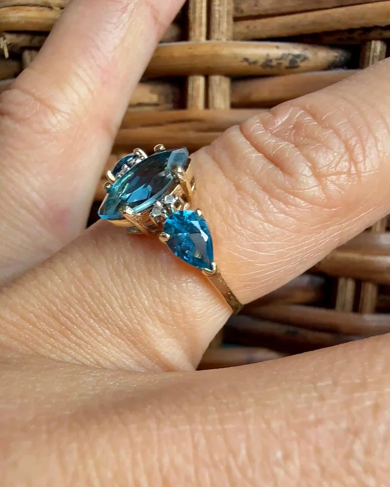 Vintage Marquise Swiss Blue Topaz Three Stone Ring - 10K Gold - Free shipping - 4
