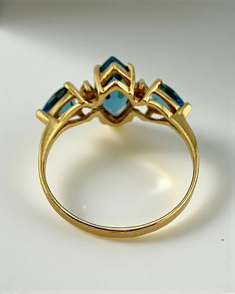 Vintage Marquise Swiss Blue Topaz Three Stone Ring - 10K Gold - Free shipping - 6
