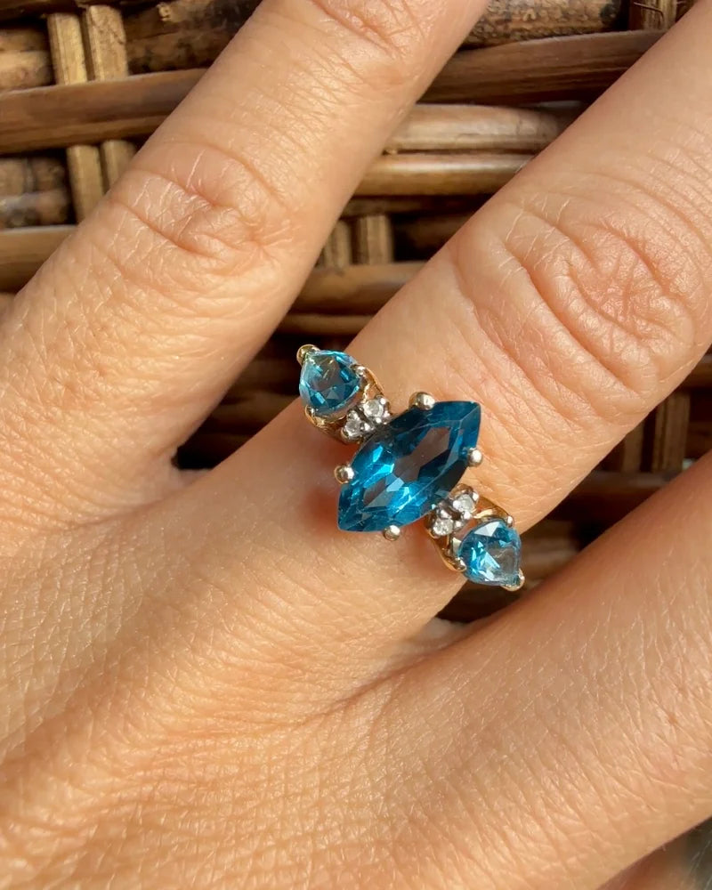 Vintage Marquise Swiss Blue Topaz Three Stone Ring - 10K Gold - Free shipping - 7