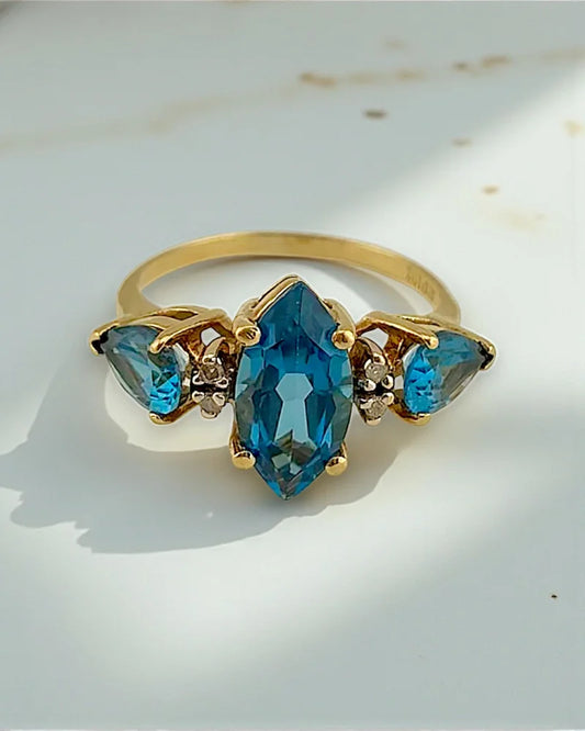 Vintage Marquise Swiss Blue Topaz Three Stone Ring - 10K Gold - Free shipping - 1
