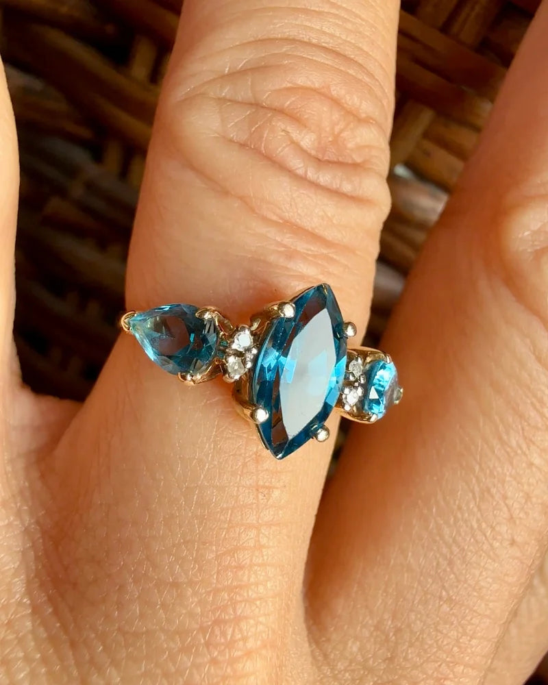 Vintage Marquise Swiss Blue Topaz Three Stone Ring - 10K Gold - Free shipping - 8
