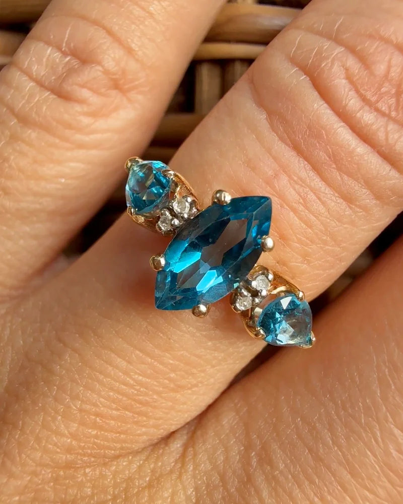 Vintage Marquise Swiss Blue Topaz Three Stone Ring - 10K Gold - Free shipping - 2