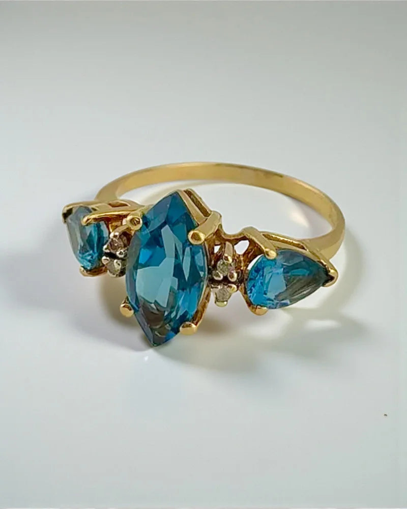 Vintage Marquise Swiss Blue Topaz Three Stone Ring - 10K Gold - Free shipping - 3