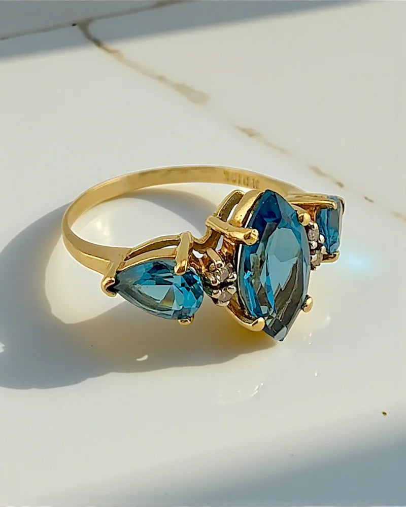 Vintage Marquise Swiss Blue Topaz Three Stone Ring - 10K Gold - Free shipping - 5