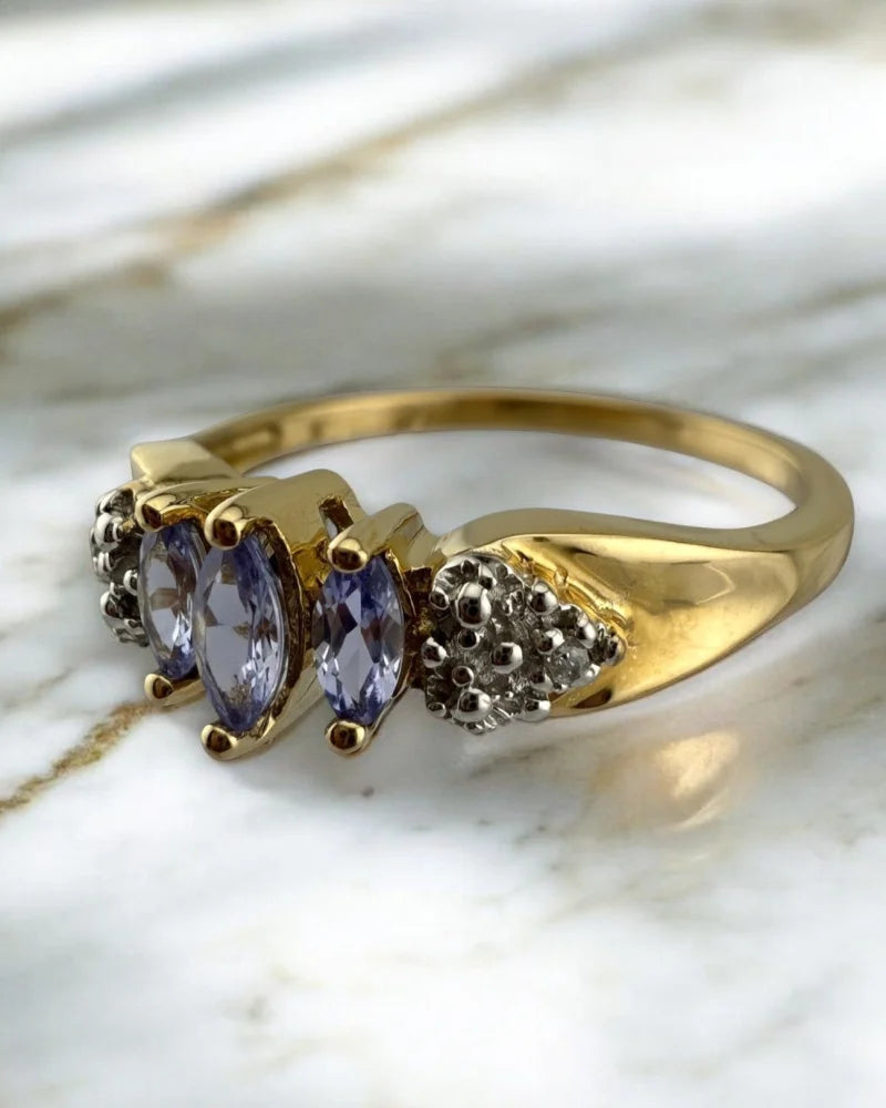 Vintage Marquise Tanzanite Trilogy Ring 10K Gold - 10K Gold - Free shipping - 3