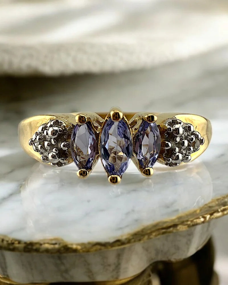 Vintage Marquise Tanzanite Trilogy Ring 10K Gold - 10K Gold - Free shipping - 1