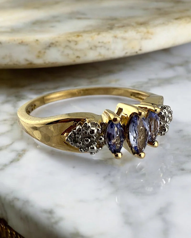 Vintage Marquise Tanzanite Trilogy Ring 10K Gold - 10K Gold - Free shipping - 5