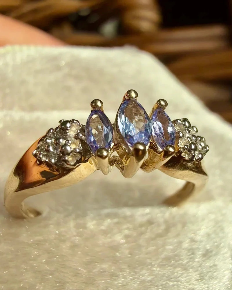 Vintage Marquise Tanzanite Trilogy Ring 10K Gold - 10K Gold - Free shipping - 2