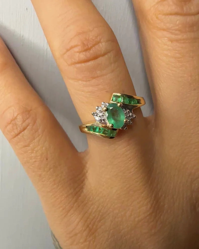 Vintage Mid-Century 10K Gold Emerald & Diamond Ring - 14K Solid Gold - Free shipping - 2
