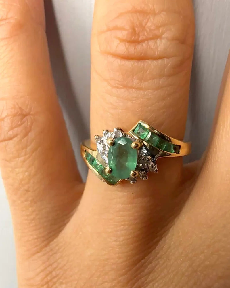 Vintage Mid-Century 10K Gold Emerald & Diamond Ring - 14K Solid Gold - Free shipping - 4