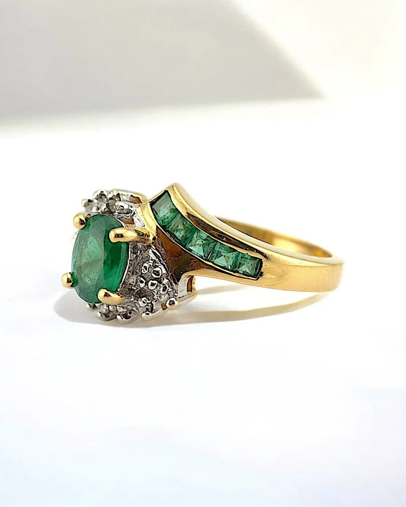 Vintage Mid-Century 10K Gold Emerald & Diamond Ring - 14K Solid Gold - Free shipping - 5