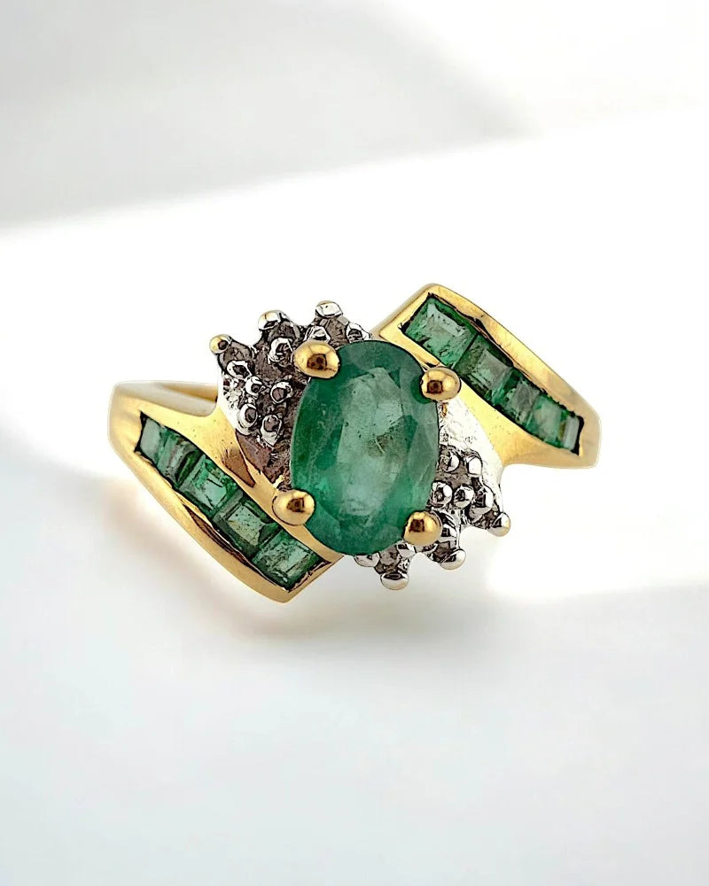 Vintage Mid-Century 10K Gold Emerald & Diamond Ring - 14K Solid Gold - Free shipping - 1