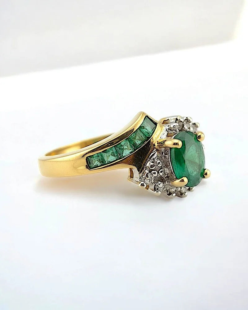 Vintage Mid-Century 10K Gold Emerald & Diamond Ring - 14K Solid Gold - Free shipping - 3