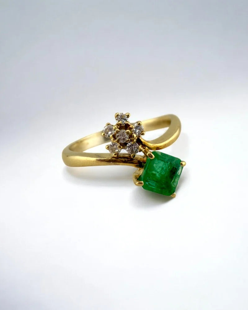 Vintage Natural Colombian Emerald and Diamond Ring - 14K Solid Gold - Free shipping - 4