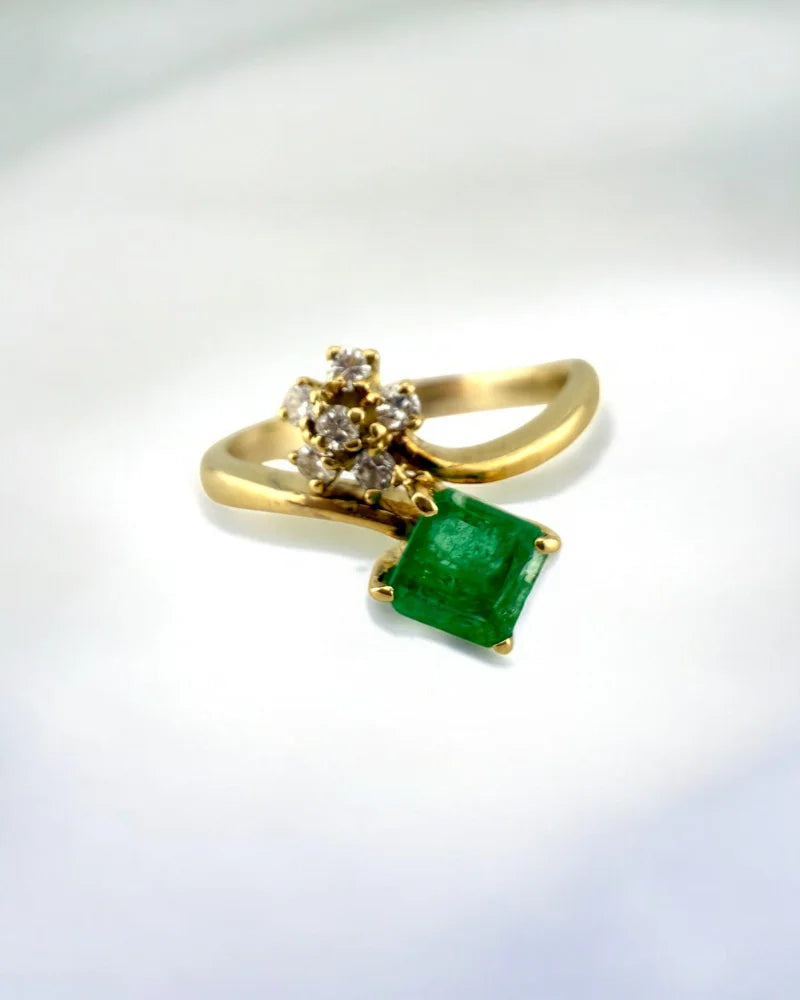 Vintage Natural Colombian Emerald and Diamond Ring - 14K Solid Gold - Free shipping - 3