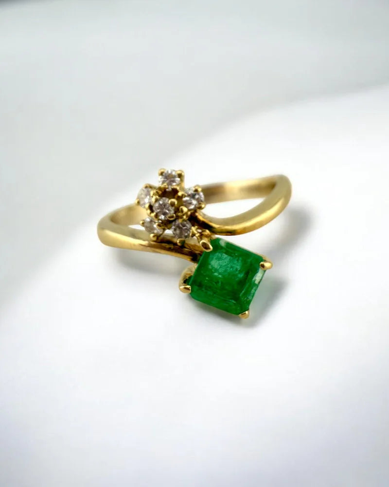 Vintage Natural Colombian Emerald and Diamond Ring - 14K Solid Gold - Free shipping - 1