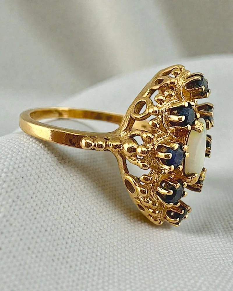 Vintage Opal Sapphire Halo Ring | 10K Gold - 10K Gold - Free shipping - 3