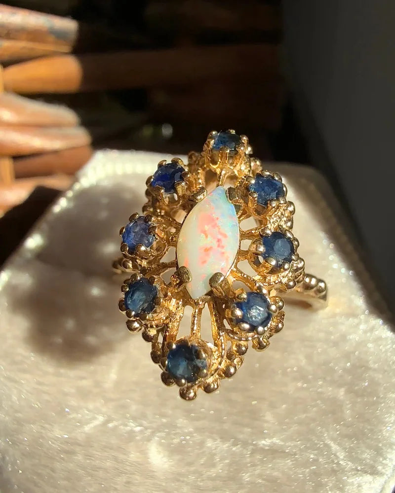 Vintage Opal Sapphire Halo Ring | 10K Gold - 10K Gold - Free shipping - 8
