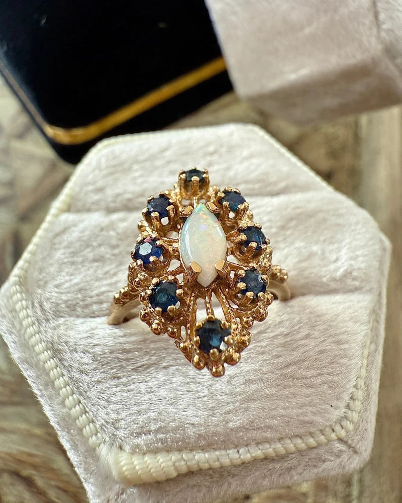 Vintage Opal Sapphire Halo Ring | 10K Gold - 10K Gold - Free shipping - 10