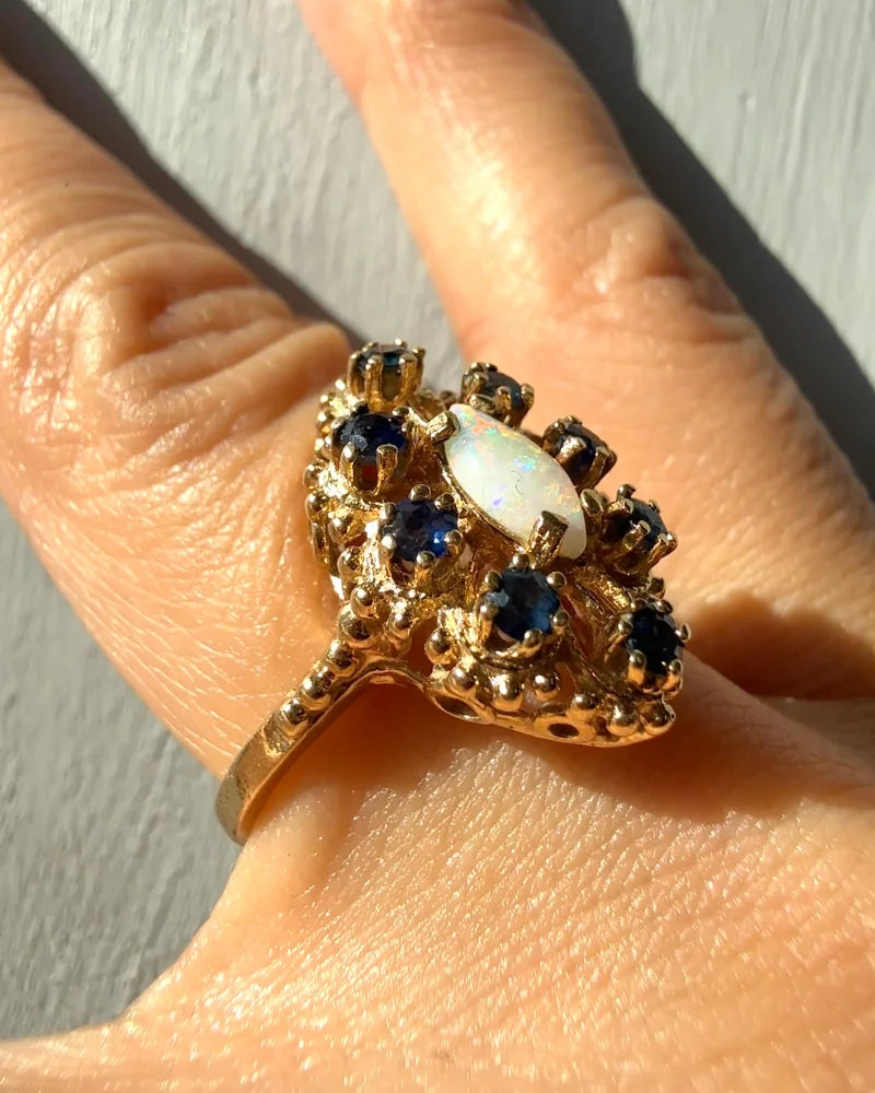 Vintage Opal Sapphire Halo Ring | 10K Gold - 10K Gold - Free shipping - 6