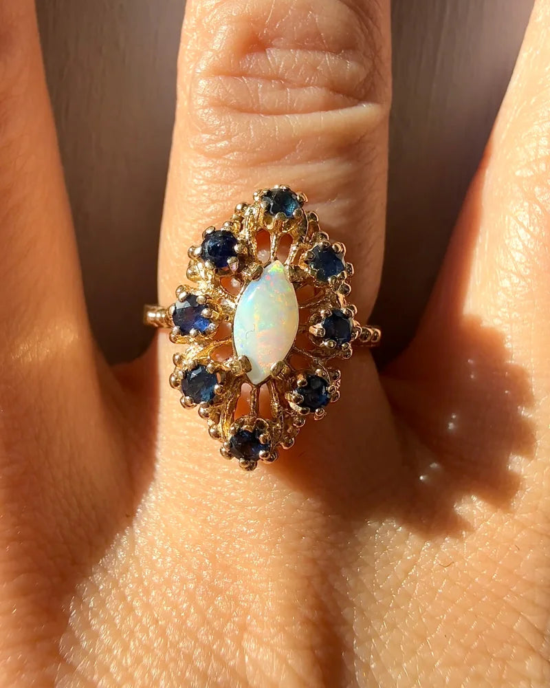 Vintage Opal Sapphire Halo Ring | 10K Gold - 10K Gold - Free shipping - 7